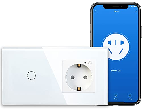 BSEED interruptores de luz Wifi,interruptores tactil empotrado y Enchufe con Tipo C y USB,Panel de Cristal,Control Remoto,Requiere Cable Neutro,1 Gang 1 Vía + 1 WIFI Enchufe,157mm Blanco