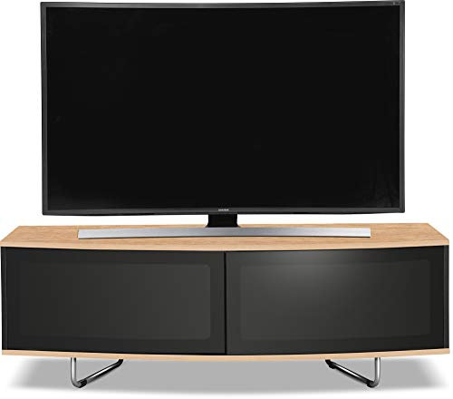 Homeology Caru Gloss Black and Gloss Oak Beam-Thru Remote Friendly Super-Contemporary D Shape Design 32-65 LED/OLED/LCD TV Cabinet