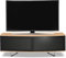 Homeology Caru Gloss Black and Gloss Oak Beam-Thru Remote Friendly Super-Contemporary D Shape Design 32-65 LED/OLED/LCD TV Cabinet