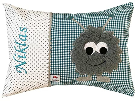 Glückspilz Namenskissen, Babykissen mit Namen Bestickt, Monster Petrol, 25 x 35 cm