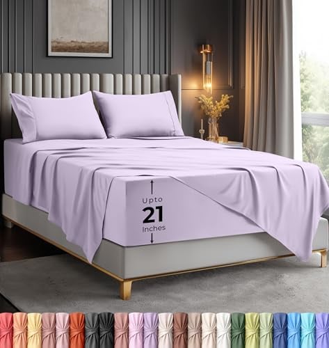 Utopia Bedding Bed Sheet Set, Soft Microfiber 4 Piece Hotel Luxury Bed Sheets with Deep Pockets - Embroidered Pillow Cases - Side Storage Pocket Fitted Sheet - Flat Sheet (Queen, Lavender)