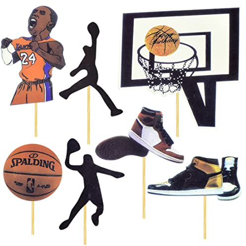 NC Basketball Cake Set, 7 Pieces Cake Decoration Cake Topper Basketball Cake Set Theme Cake Picks for Men Boys Birthday Happy Birthday Cake Topper Birthday Party Decoration (Black)