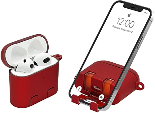 AirStand - AirPods 3 Case Cover mit unsichtbarem Telefonständer, kompatibel mit AirPods 3, voller Schutz stoßfestes Gehäuse mit Schlüsselanhänger Karabiner (Rubin)
