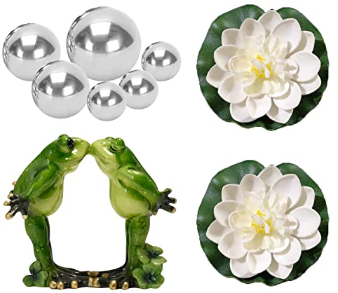 PLATEYTR Set mit 9 Miniteich Deko Set Schwimmfrosch mit für Miniteich Terrassenteich Zinkwannen Solarbrunnen Garten Balkon Teiche Deko 1 Frosch、6 Schwimmkugeln und 2 Schwimmend Lotusblüte(A-02)