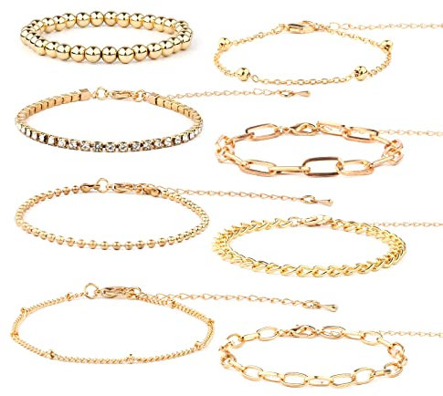 KINBOM 8 Stück Goldkette Armband Set, Verstellbare Gliederarmbänder für Damen KC Vergoldetes Zierliches Armband Modeschmuck