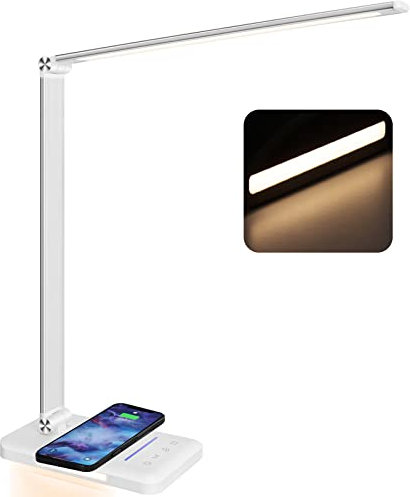 BIENSER LED Desk Lamp with Night Lighting, Fast Wireless Charger, USB Charging Port, 10 Brightness, 5 Color Modes, Dimmable Desk Lamps for Home Office, Touch Control, Auto Timer, 1200Lux Super Bright