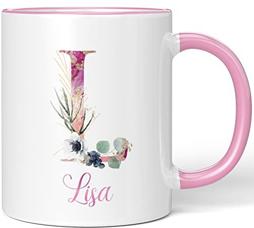JUNIWORDS Tasse, Lisa, Name Anfangsbuchstabe Initial Alphabet Floral Buchstabe L Monogramm Motiv, Rosa (5522326)