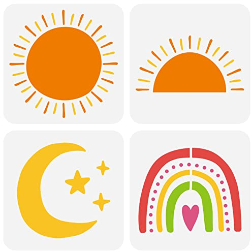 FINGERINSPIRE 4 Stück Boho Sun Schablone Zum Zeichnen 20x20cm Wiederverwendbare Sonne Mond Stern Malschablone DIY Craft Art Regenbogenmuster Schablone Für Die Wand, Holz, Möbel, Scrapbook-Malerei