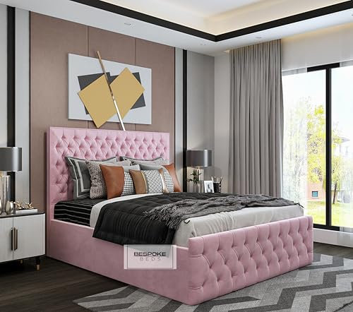 BESPOKE BEDS Upholstered Bed, Ottoman Storage Bed Frames, Plush Velvet Bed Frame With Storage, Double King,Super King Bed Frame (Pink Plush Velvet, 4FT6 Double)