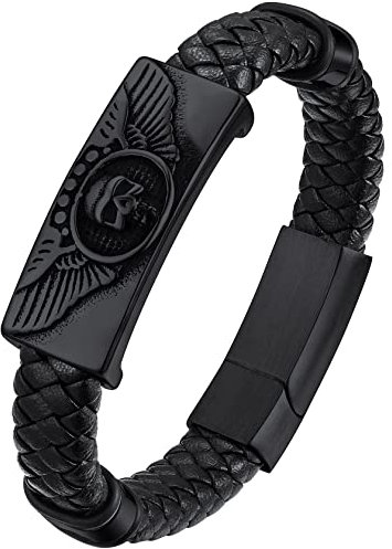 Bracelets Cuir Homme 21 cm Cadeau Fete des Peres Tete de Mort Acier Gourmette Garcon Noir Amulette de Protection Fermoir Magnétique Cadeau Copain Petit Ami Jeune Adult