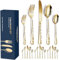 Aoresac Ensemble de couverts 4 personnes, 20 pièces en acier inoxydable, motif poli, avec miroir de fleurs, y compris couteau, fourchette, cuillères à café pour cuisine restaurant fête (Or1)