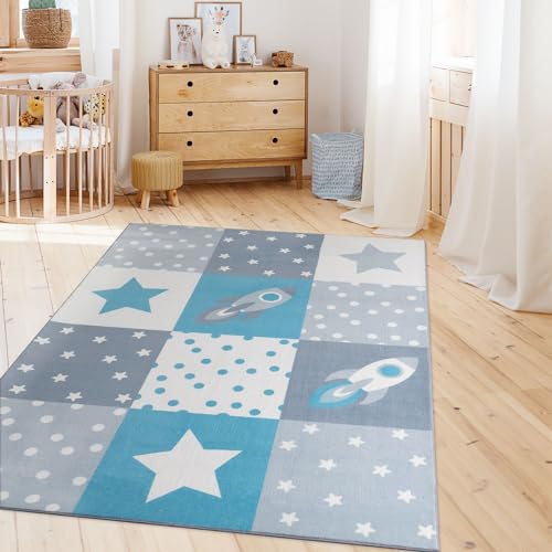 TT Home Kinderzimmerteppich Teppich Junge Mädchen Kinderteppich Baby Herzen Pastell, Farbe:Grau Beige Blau, Größe:80x150 cm