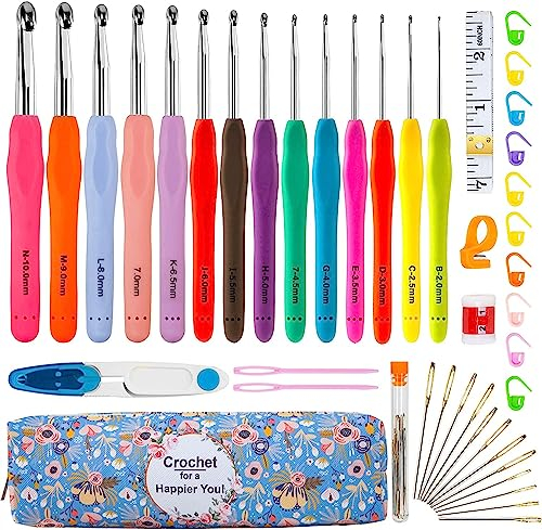 Häkelnadel Set, 14 Stück Bunte Ergonomische Häkelnadeln von 2,0 mm bis 10,0 mm, Soft Gummi Comfort Grip, Häkelnadel Nadeln Kit Haushalt Werkzeug mit tragbaren Tasche