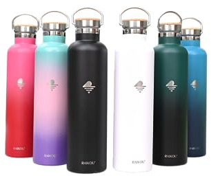 RAIKOU Edelstahl Trinkflasche |Vakuumisolierte Wasserflasche|Auslaufsichere Sportflasche mit 2Deckel|Thermoflasche |Heiß & Kalt | Standard Öffnung Schwarz (1000ml, Schwarz)