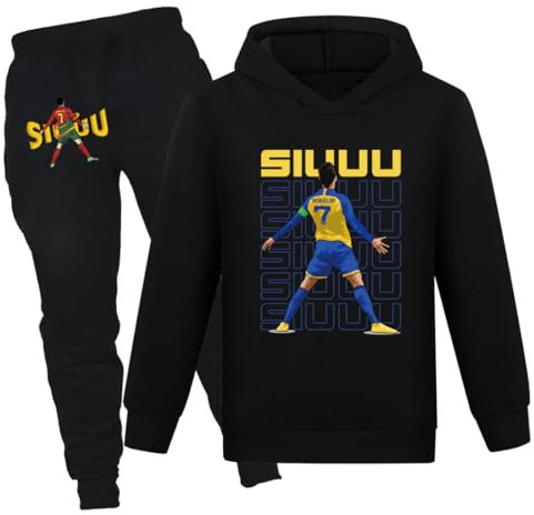 Survêtement de football unisexe pour enfants avec sweat à capuche et pantalon 2 pièces, noir 01, 7-8 ans