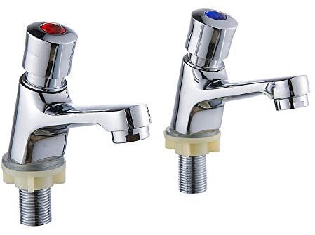MENIBBLER Bathroom Sink Taps, Basin Sink Tap Non-concussive Faucets, Chrome Finish Modern Self Close Tap, Push Time Delay Hot and Cold Basin Sink Mixer Taps for Kitchen Bathroom Hotel Public Toilet