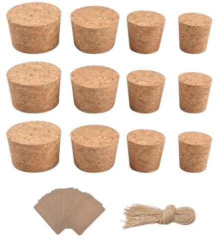 INCREWAY Natürliche Weichholzkorken, 12 Stück, vier Größen, konische Korkstopfen für Wein- und Bierflaschen, mit dekorativem Flaschenanhänger und Schnur