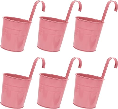 Wensmy 6 macetas de hierro de metal para colgar en balcón, valla con ganchos, soporte para flores colgantes de jardín con agujero de drenaje para barandilla, valla y balcón (6 unidades, rosa)
