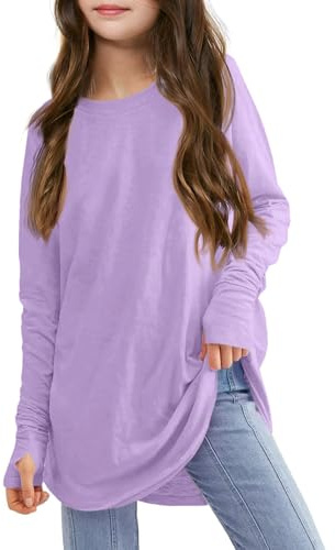 Haloumoning Maglietta a maniche lunghe da ragazza, con fori per il pollice, per bambini, girocollo, orlo a tunica allentato, Lilla, 130 cm