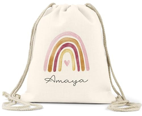 kleinebuchstaben Kinder-Beutel mit Namen Personalisierter Turnbeutel | Regenbogen-Design. Rucksack für als Sportbeutel für Schule, Kindergarten Wechselwäsche Namen Aquarell (Regenbogen 07)