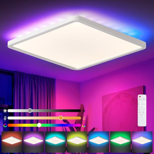queffigle RGB Square LED Ceiling Light 29cm 3200LM Dimmable 3000-6500K Flush Mount with Remote Control Ceiling Light Fixture Low Profile Ambient Timer & Memory for Bedroom, Living Room, Bathroom
