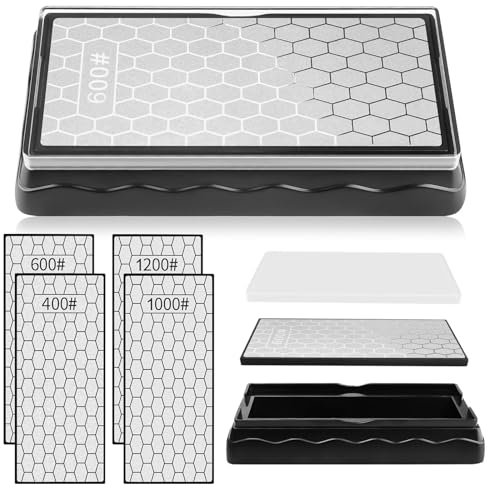 2PCS Double Sided Diamond Sharpening Stone, Kalolary Knife Sharpener Stone Grit Diamond Sharpener Plate with 1 Non-Slip Base for Knives Outdoor Kitchen Sharpen Tools (400/1000 Grit, 600/1200Grit)