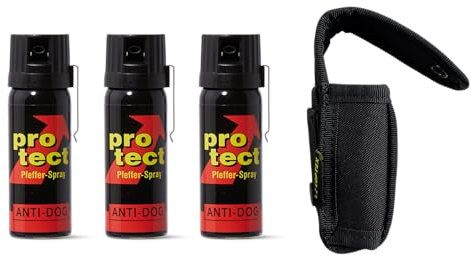 Protect Pfefferspray Breitstrahl 40 ml 50 ml 63 ml + hochwertiges Coptex Holster Etui schwarz Polyester Halterung für Gürtel und Molle System (1 Holster + 3 Spray, 50 ml + Clip)