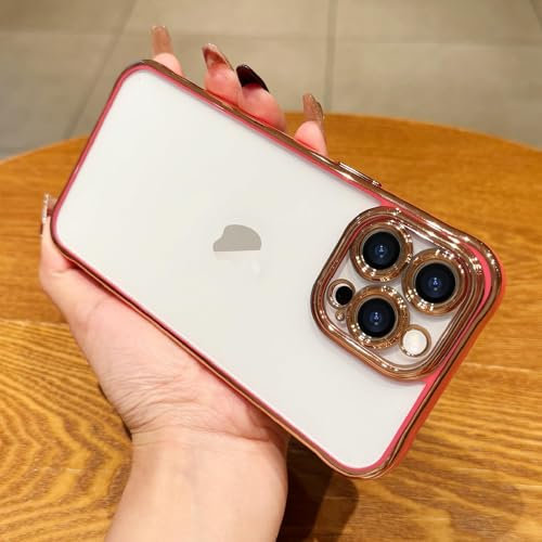 LAPOPNUT for iPhone 13 Pro Case,Luxury Plating Transparent Raised Camera Protection Phone Case,Shockproof Slim Bumper Anti-Yellowing Clear Cover for iPhone 13 Pro 6.1 inch,Hot Pink