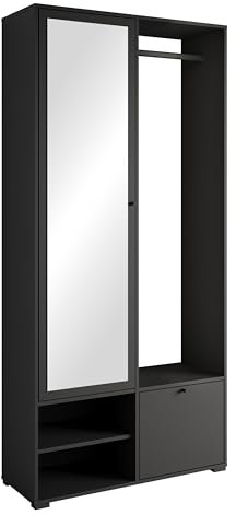 MINIO go for it - Garderobe Set 90 cm Breit, Flurgarderoben Set DAFNI mit Spiegel, Garderoben Set mit Ablage und Schuhschrank, Garderobenschrank Flur, Vorzimmer Möbel (Schwarz)