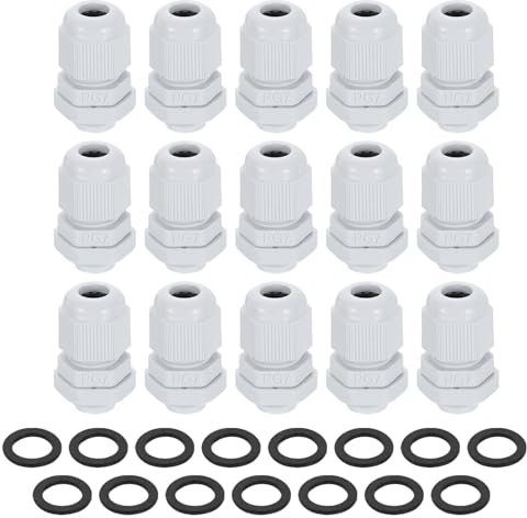 sourcing map 15Pcs PG7 Nylon Cable Glands, Waterproof Cord Grip Connector with Washer, Adjustable 3-6.5mm Wire Grommet Protectors with Gaskets and Locknut for Junction Box, White