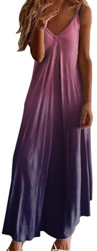 Generisch 2025 Vestidos de Verano Mujer Vacaciones Vestido Floral Floral Vestido Maxi sin Mangas Casual Cuello en V Vestidos Playa Túnica Vestido Mujer, Color lila claro., M
