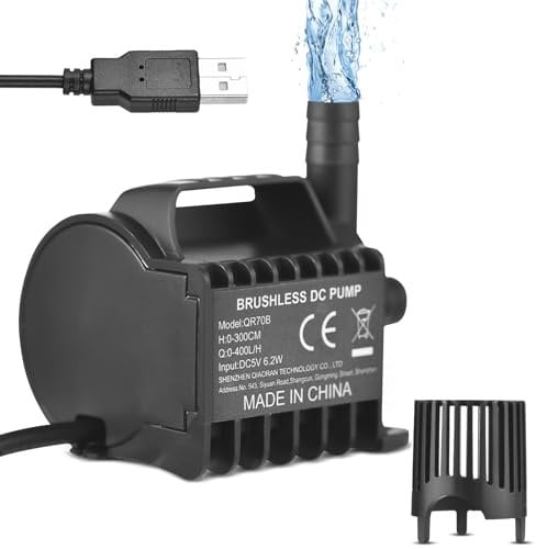 Submersible Water Pump Electric 400L/H Small Fountain Pump with Max9.8ft Lift, 6.5ft USB Cable and Suction Cup Base, Portable Mini Pump for Fish Tank, Pond, Aquarium, Pet Drinking