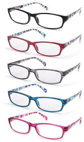 LANLANG Gafas presbicia mujer, Gafas lectura, gafas anti luz azul, filtro azul, gafas de lectura, gafas para leer, Transparente Rojo/Gris/Azul/Negro/Morado-5pcs, +2.0