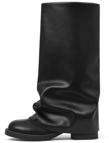 femflame Women's Fold Over Boots Slouchy Wide Calf Pleated Platform Black Boots Round Toe Chunky Stacked Riding Biker Boots Mid Calf Boots