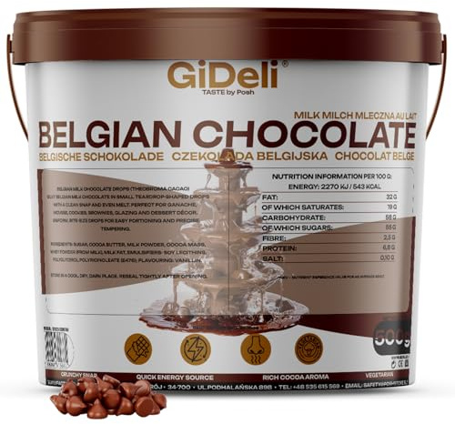 GiDeli Belgische Schokolade 500g im Eimer - Pralinen Chips, Schokodrops - Vollmilch-Kuvertüre - Perfekt für Schokofondue, Backen, Schokobrunnen, Desserts & Glasuren