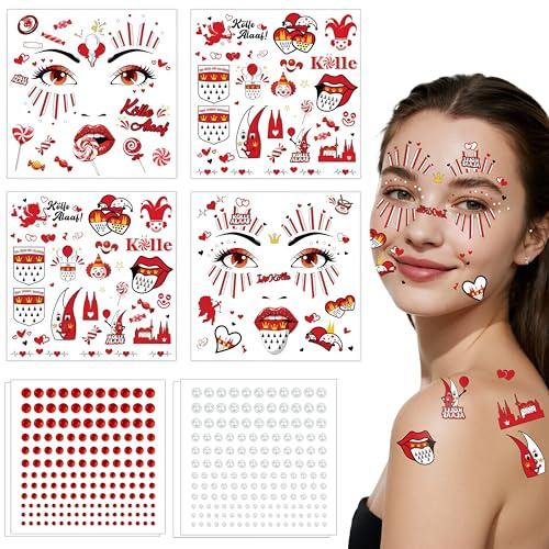 Zosutetoxo 8 stück Gesichtstattoo Köln Karneval Kostüm Damen, Rot Weiss Strass Aufkleber mit Herz Clown Design, Gesicht Glitzer Tattoos für Fasching Karnevals Makeup Accessoires