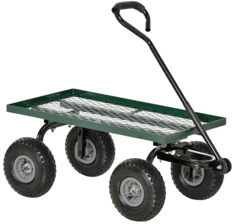 Outsunny Garden Trolley Cart Heavy Duty Garden Cart Metal Frame Green | 10 Pneumatic Wheels, Rotating Handle, 150kg Capacity, for Farm