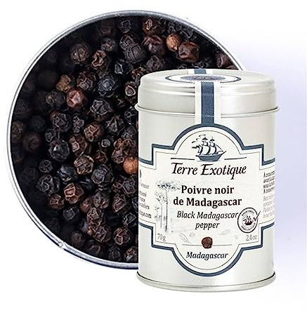 Pimienta Negra de Madagascar en Grano 70 g Aroma especiado con notas a clavo e incienso Bote metálico protector Ideal para molinillo y mortero