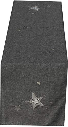 Tischläufer - STERN - anthrazit grau bestickt mit Sternen silber weiß besetzt mit Glaskristallen sehr schöne festliche Stickerei für Winter Weihnacht Tischdecke, Größe:40 x 150 cm