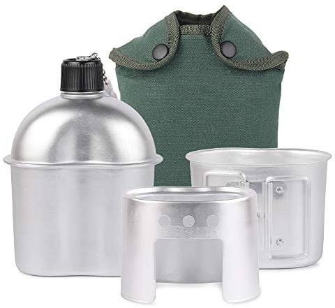 Lixada Gourde Kit de Cantine Militaire, 3pcs Batterie de Cuisine en Aluminium Mmilitaire Cantine Coupe Poêle à Bois Ensemble avec Housse pour Le Camping Randonnée Sac à Dos