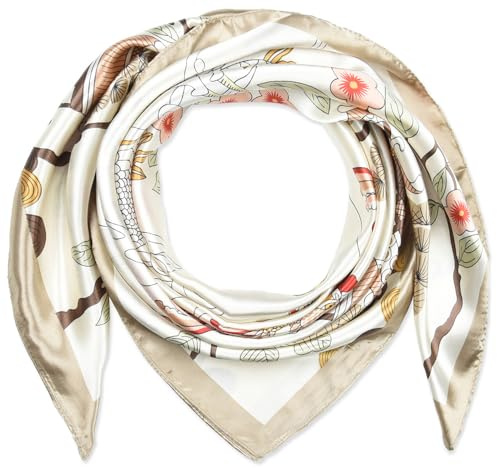 corciova 35x35 Large Square Satin Hair Scarf for Women – Silk-Feel Head Wrap, Night Protection, Fashion Bandana & Headscarf, 637 Linen Beige Phoenix and Pine, 1 Pcs