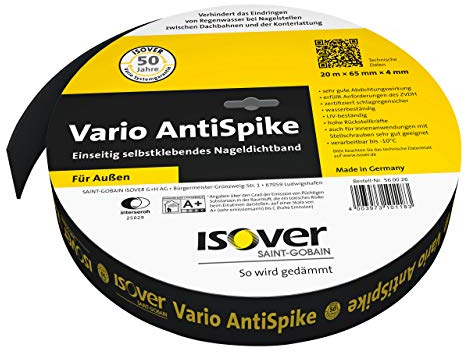 Isover 560062 Vario AntiSpike 20 m Rolle, Einseitig selbstklebendes Nageldichtband für außen, schwarz
