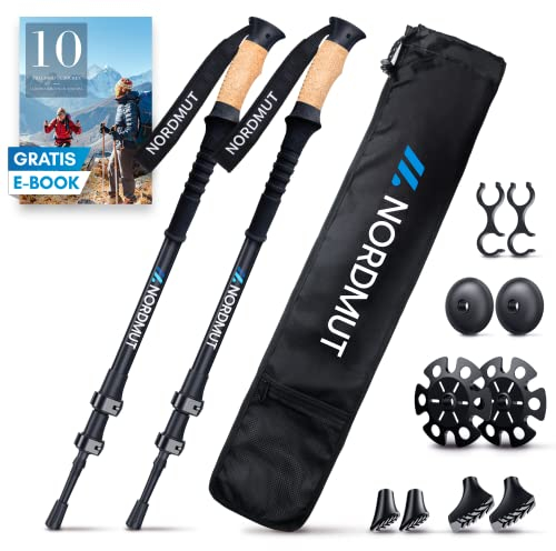 NORDMUT® Wanderstöcke Teleskop Alu | Nordic Walking Stöcke Damen und Herren | Ultraleichte Trekkingstöcke [mit Gummipuffer Set] verstellbar mit Echt Kork Griff
