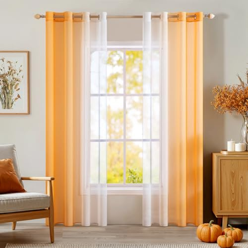 MIULEE 2er Set Voile Vorhang Zweifarbiger Vorhang mit Ösen Transparente Gardine Ösenschal Fensterschal Lichtdurchlässig für Schlafzimmer, 140x260cm, Orange