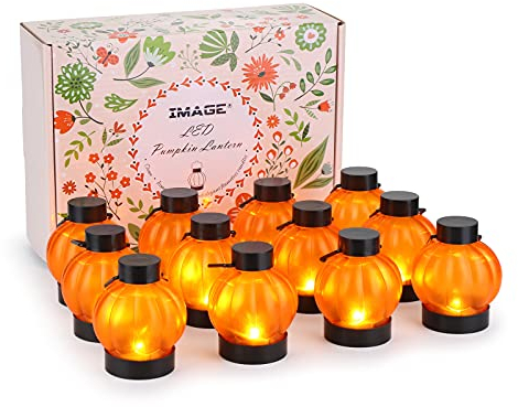 IMAGE 12 Stück Kürbis Teelichter LED Halloween Kürbislaterne flackernde mini Orange Pumpkin Kerze mit Batterie Deko für Halloween Weihnachten Party Außen