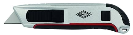 WEDO 78814 Safety Cutter Left/Right mit Trapezklinge (inkl. 2 Ersatzklingen), automatischer Klingenrückrug, ergonomische Griffzone, Aufhängeloch, 76 g., Schwarz/Silber
