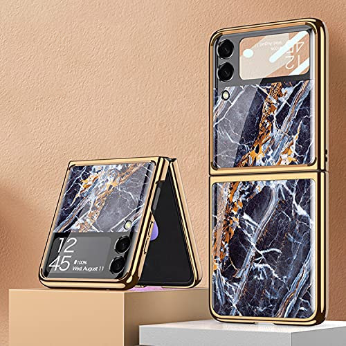 COQUE Galaxy Z Flip 3 5G Case,9H Glass Shiny Marble Pattern Phone Shell,Folding Phone Cover for Samsung Galaxy Z Flip 3 5G-Marble 7