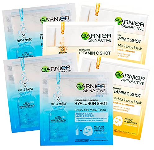 3 x Garnier Skinactive Stoffmaske Fresh Mix Vitamin C Shot energetisierend mit Vitamin C + 3 x Hyaluron Shot Feuchtigkeitsspendende Feuchtigkeitspflege mit Hyaluronsäure - 6 Gesichtsmasken