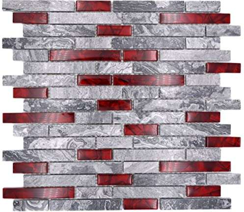 Naturstein Glasmosaik grau mit rot glänzend Wand Küche Bad Dusche - 1 Matte