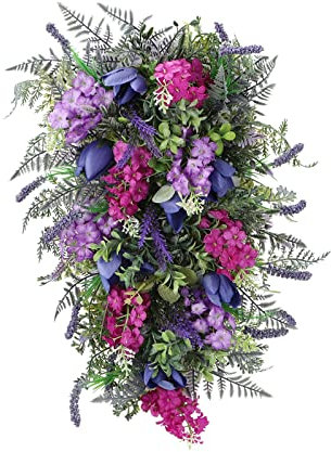 RSTYS 17.7inch Spring Summer Front Door Teardrop Wreath,Artificial Tulip Flowers Swag Teardrop Wreath with Fake Tulips for Front Door Window Home Decor, Purple,60*40cm
